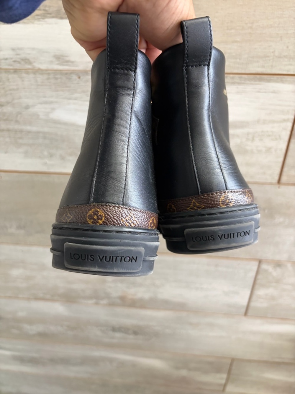 Authentic Louis Vuitton Black Leather High-Top Sneakers with Monogram Trim - Picture 12 of 14